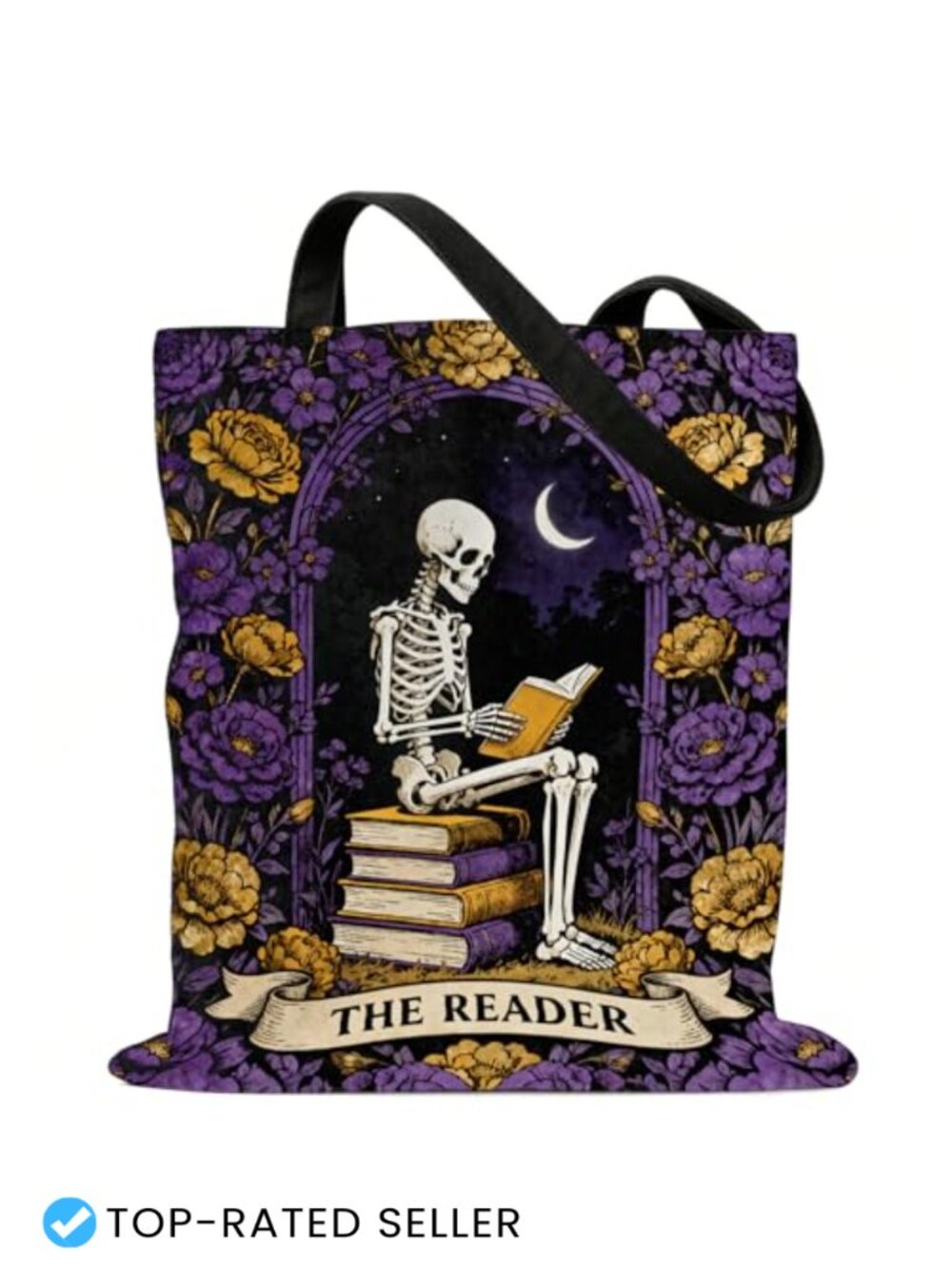 Gothic Book Lover Canvas Tote Bag, Skeleton Reading Tarot Design, 14x16 Inch,